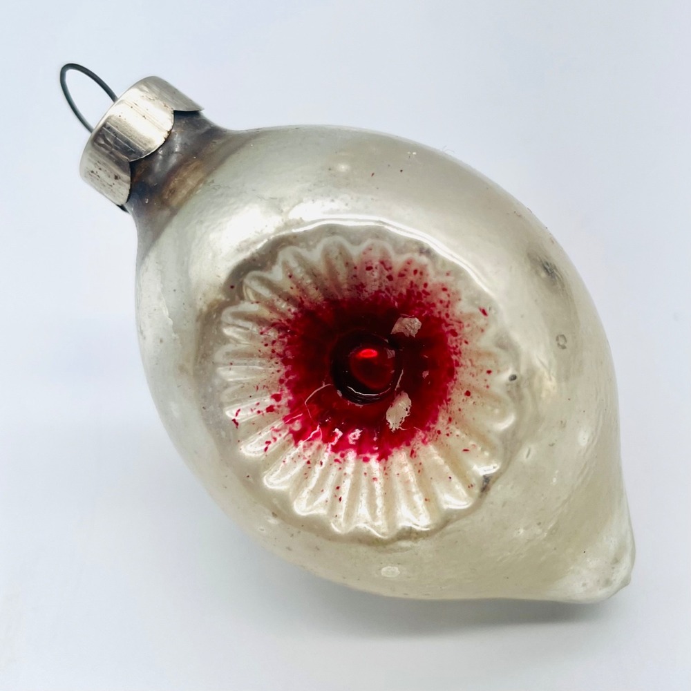 Vintage Mercury Glass‎ Christmas Ornament Teardrop 2 Red Indent Sunburst 3" USA